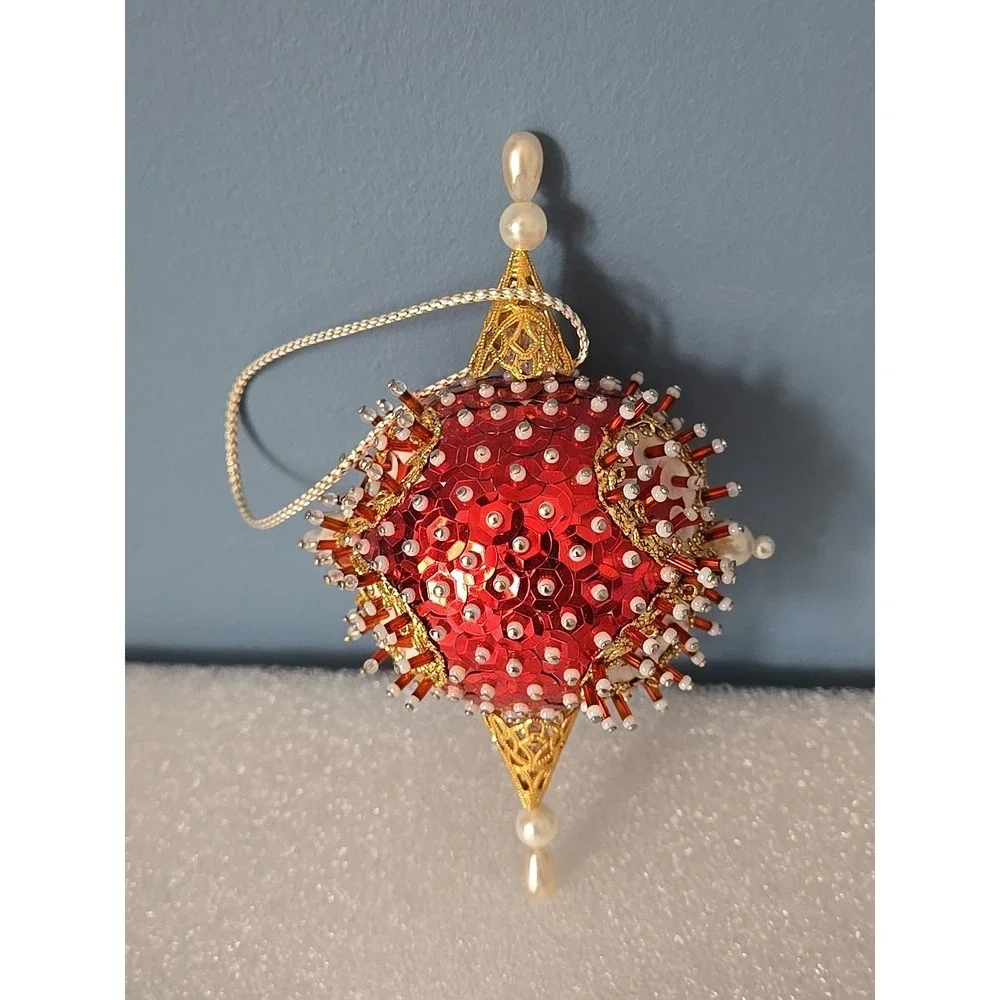Vintage Handmade‎ Satin Christmas Ornament Push Pin Ball Beaded Beads Red Gold